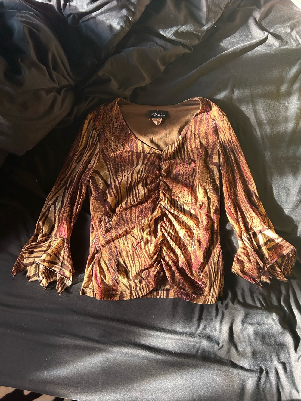 Brown V-Neck Ruffle Sleeve Top